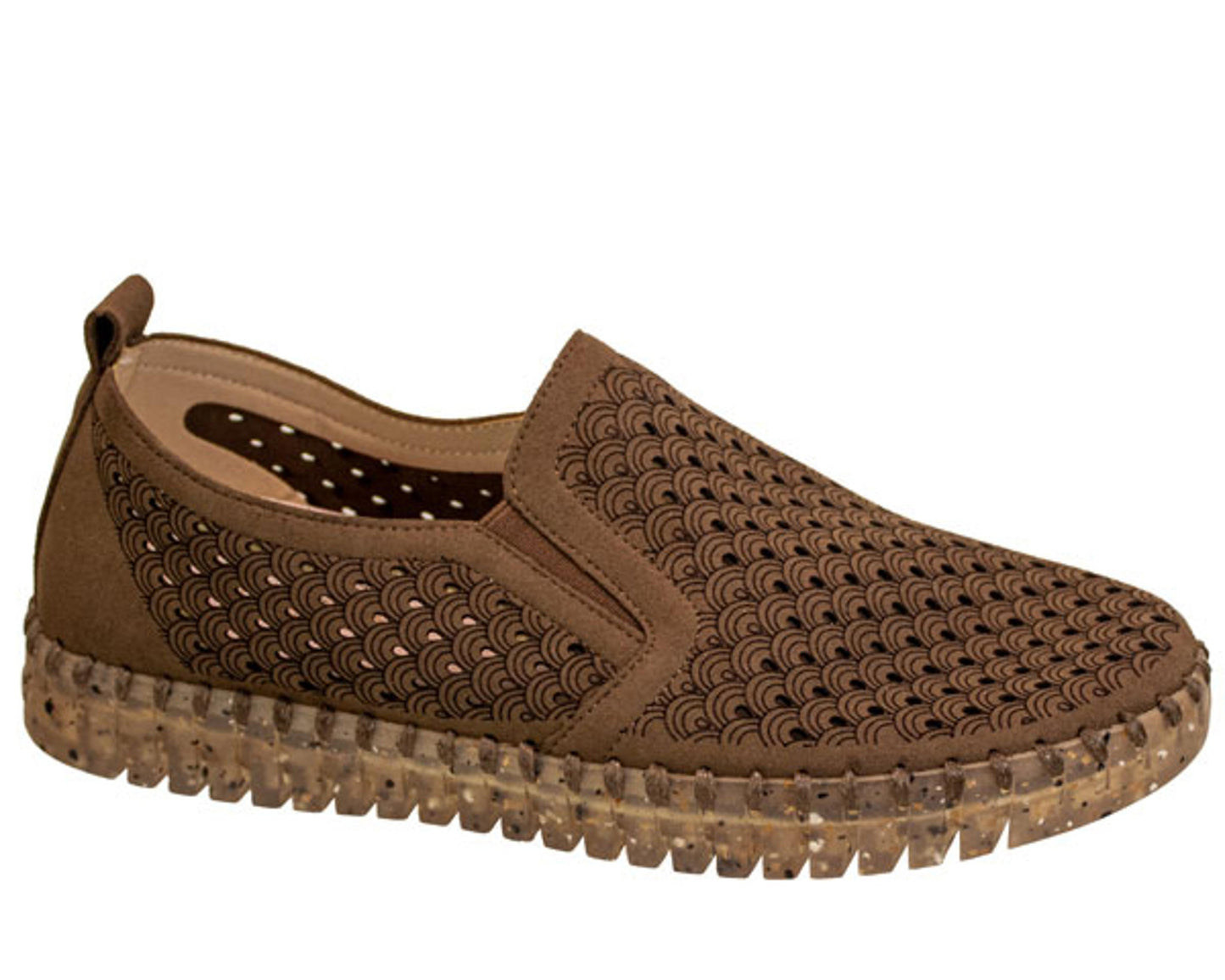 Brown slip-on shoe with textured sole on a white background