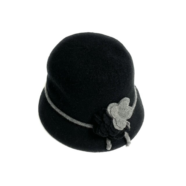 SHIHREEN WOOL CLOCHE HAT WITH FLOWER - BLACK