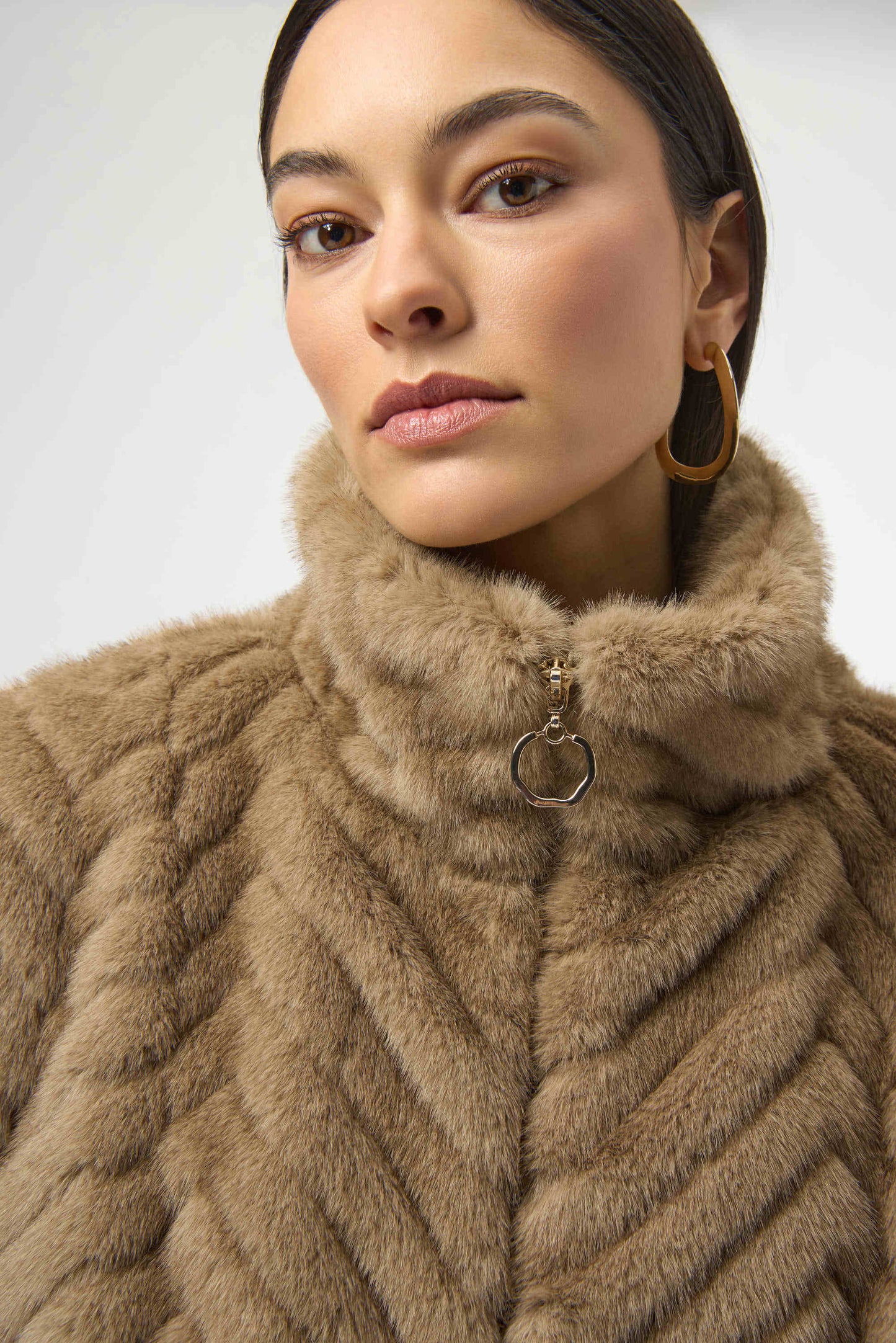 JOSEPH RIBKOFF CHEVRON FAUX FUR VEST - TAN