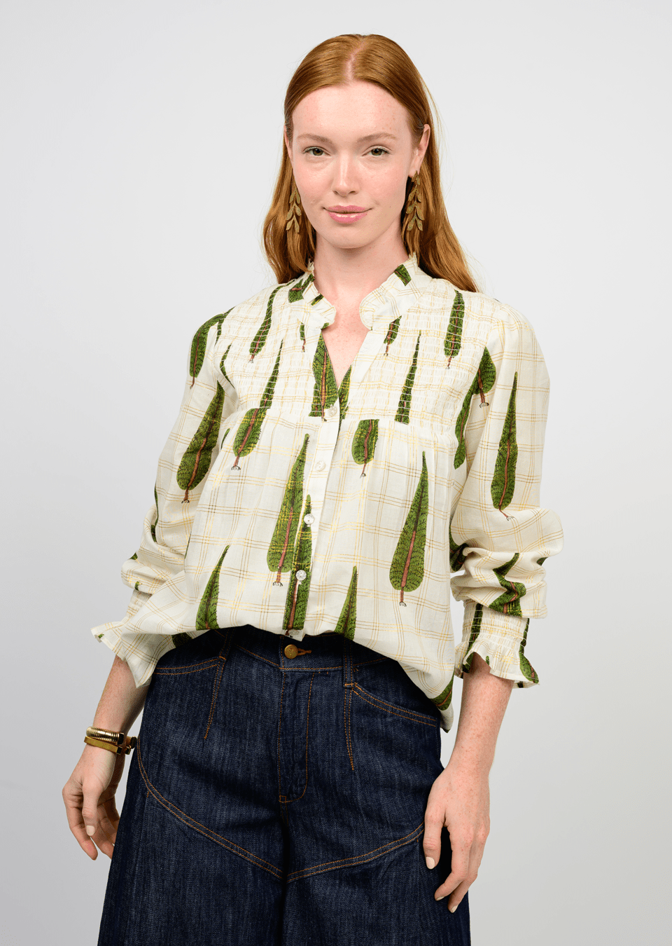 IVY JANE METALLIC PLAID TREE PRINT TOP