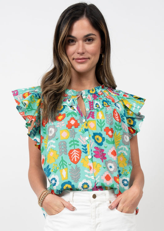 IVY JANE FLORAL TOP - TURQUOISE - 650359TURQ
