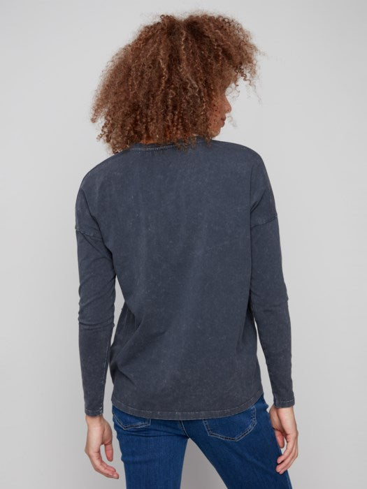 CHARLIE B BEADED VINTAGE V-NECK TOP - CHARCOAL