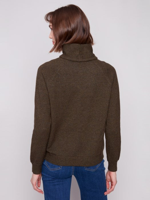 CHARLIE B TEXTURED RAGLAN COWL-NECK SWEATER - OLIVE