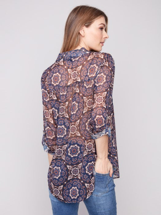 CHARLIE B PRINTED BLOUSE W/ TIE FRONT OPTION - MULTI