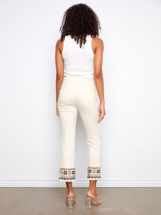 SALE - CHARLIE B CROPPED PANT W/ EMBROIDERED HEM - NATURAL