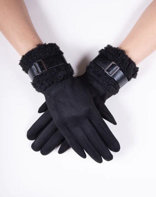 VERY MODA FAUX SUEDE GLOVES W/ STRAP - BLACK - GL12326BK
