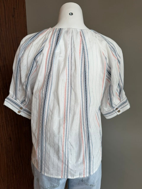 TRU LUXE STRIPED SPLIT NECK TOP - WHITE MULTI