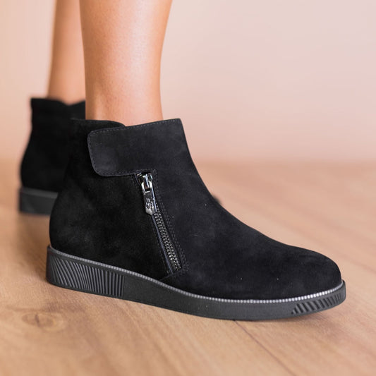 Black suede ankle boots with zippers on a wooden floor.