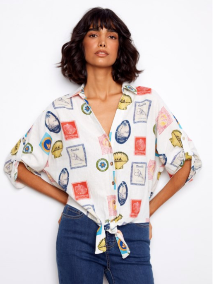 SALE CHARLIE BE PRINTED FRONT TIE BUTTON FRONT - MULTI