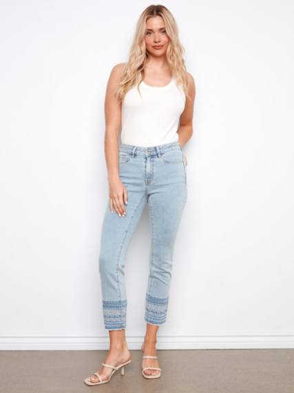 CHARLIE B STRIPED DENIM W/ EMB HEM - PALE BLUE