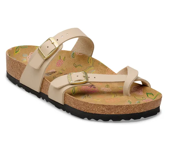 BIRKENSTOCK MAYARI - SAND WITH FLORAL FOOTBED