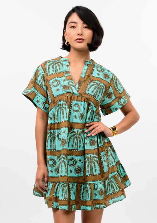 UNCLE FRANK BLOCK TROPICAL DRESS - AQUA AND BROWN