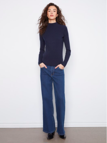 CHARLIE B RIBBED SHIRT WITH MOC NECK - NAVY