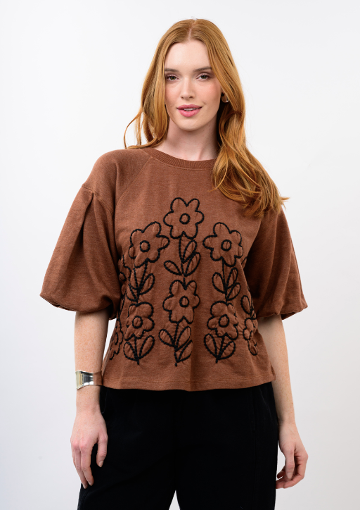 IVY JANE SHORT SLEEVE FLOWER TOP - BROWN
