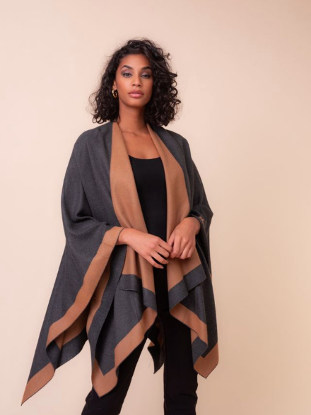 ALISON SHERI REVERSIBLE WRAP - CAMEL AND CHARCOAL