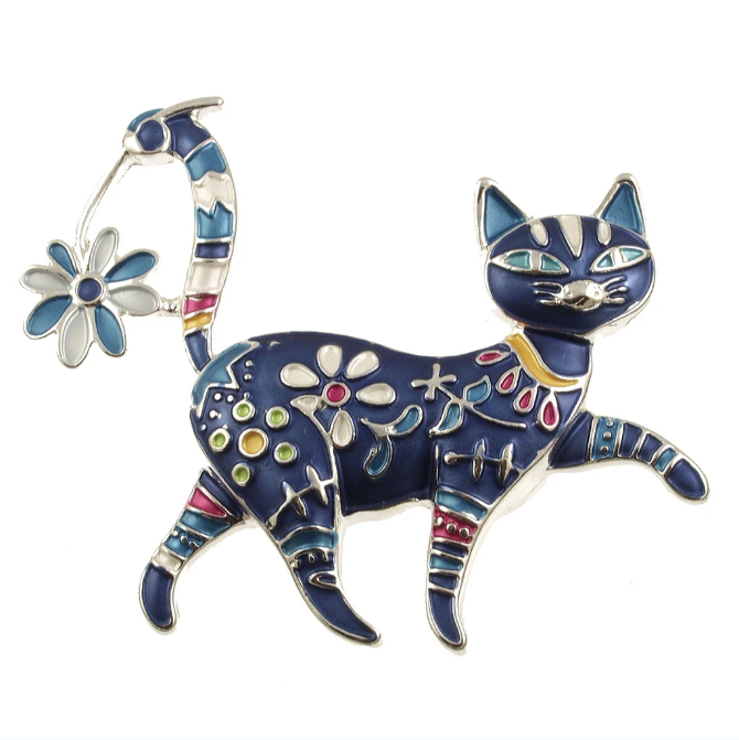 ORIGIN JEWELRY SILVER BLUE TONAL CAT BROOCH