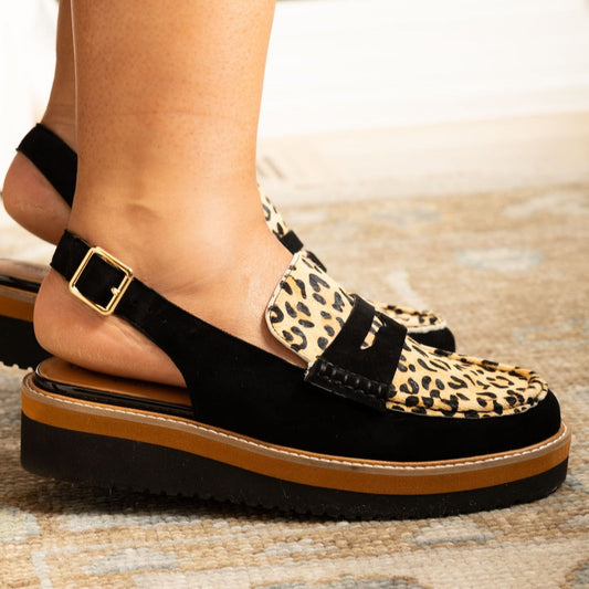 Black sandals with leopard print straps on a patterned rug