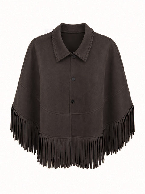 PRETTY PERSUASIONS CAPE WITH TASSELS - CHOCOLATE BROWN
