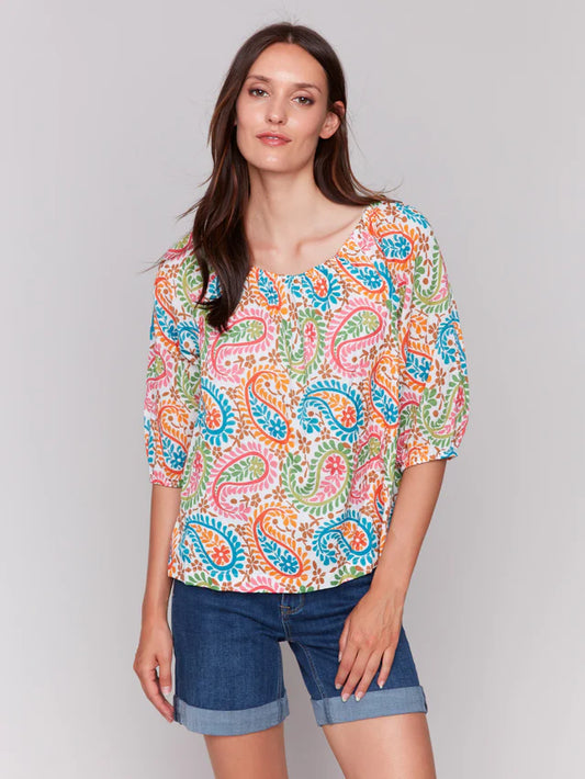 CHARLIE B OFF-THE-SHOULDER COTTON BLOUSE - MULTI