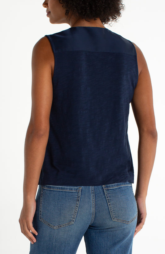 LIVERPOOL SLEEVELESS V-NECK WOVEN TO KNIT TOP - NAVY
