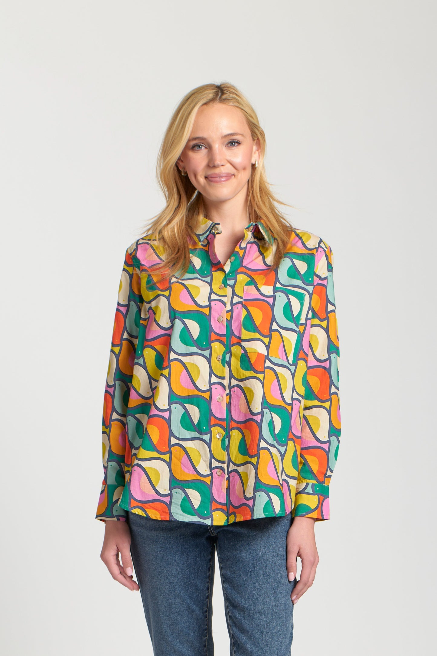 AP NY BOYFRIEND BUTTON-UP TOP - GREEN MULTI