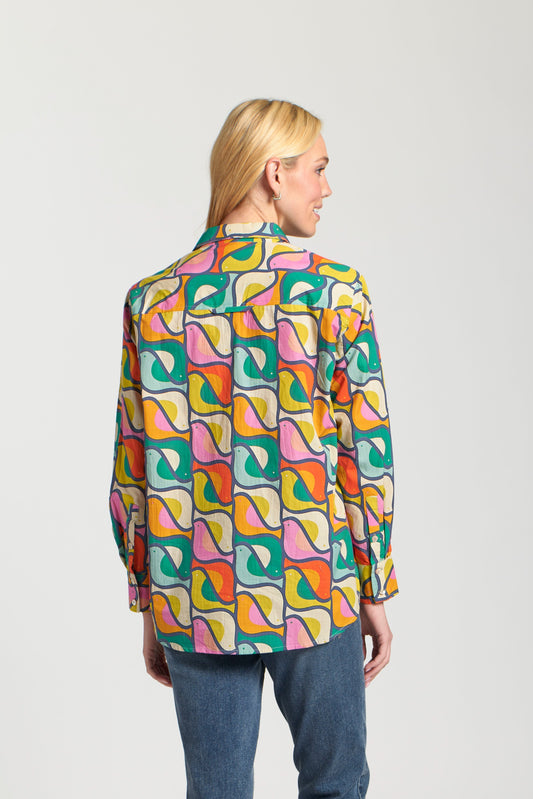 AP NY BOYFRIEND BUTTON-UP TOP - GREEN MULTI