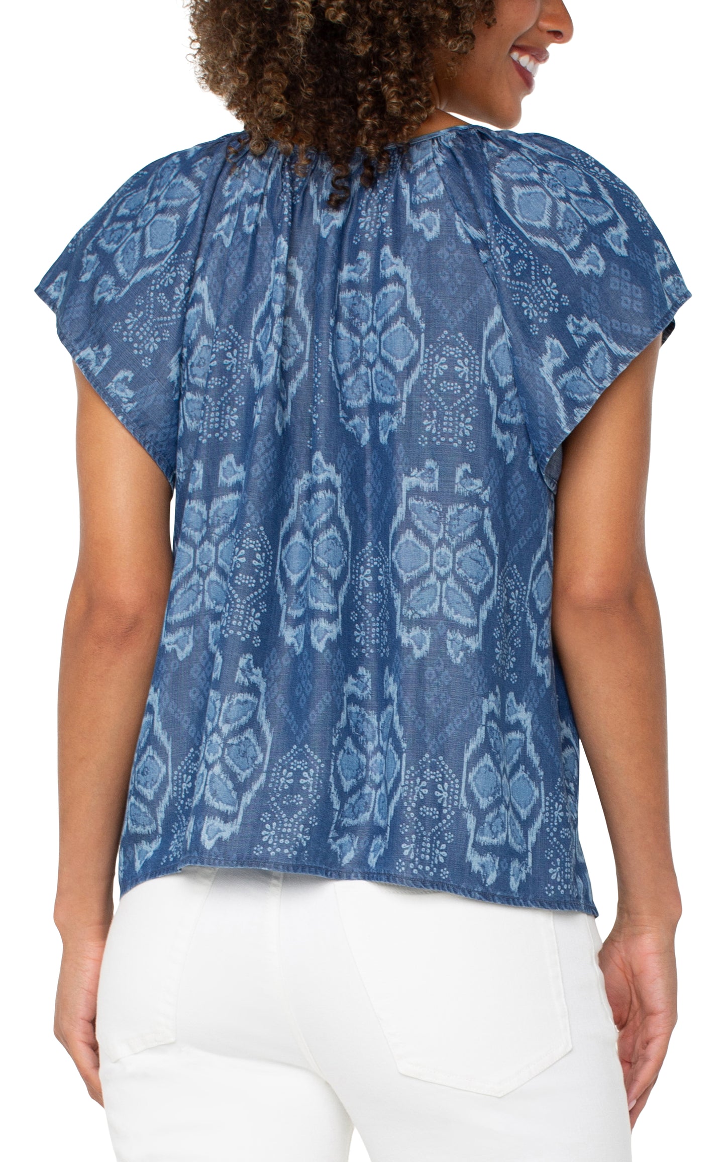 LIVERPOOL FLUTTER SLEEVE TOP - BLUE MULTI