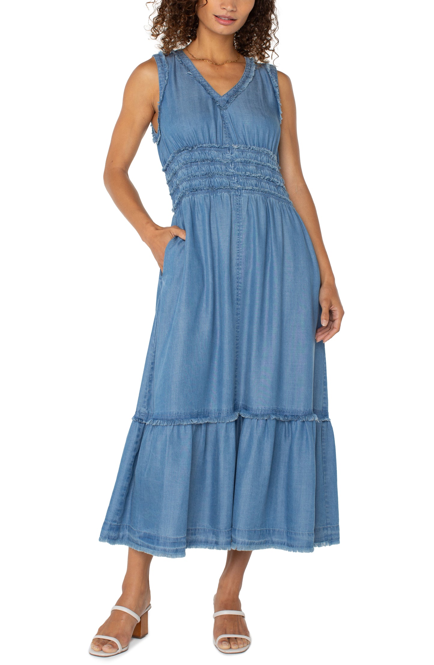 LIVERPOOL SMOCKED V-NECK MAXI DRESS - DENIM