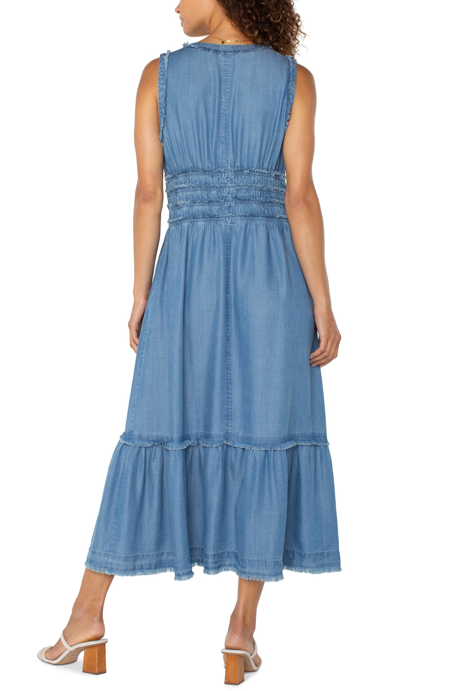 LIVERPOOL SMOCKED V-NECK MAXI DRESS - DENIM