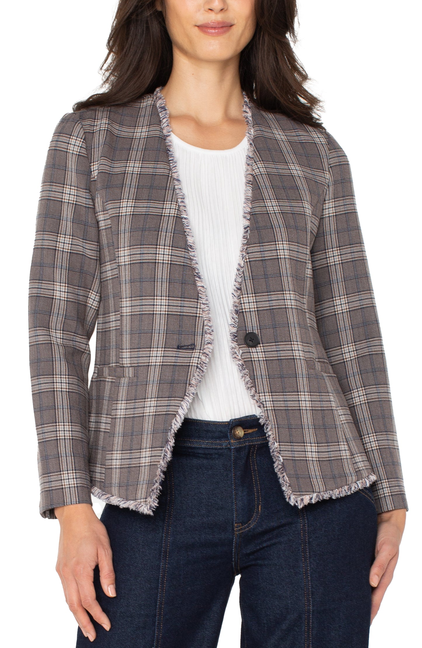 LIVERPOOOL COLLARLESS FITTED BLAZER - BROWN MULTI