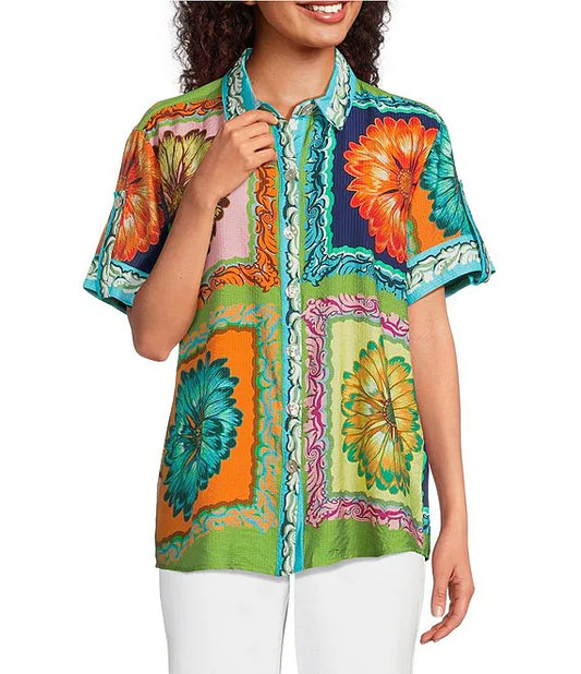 TRU LUXE SHORT-SLEEVE BUTTON-UP TOP