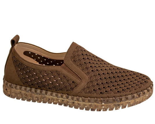 Brown slip-on shoe with textured sole on a white background