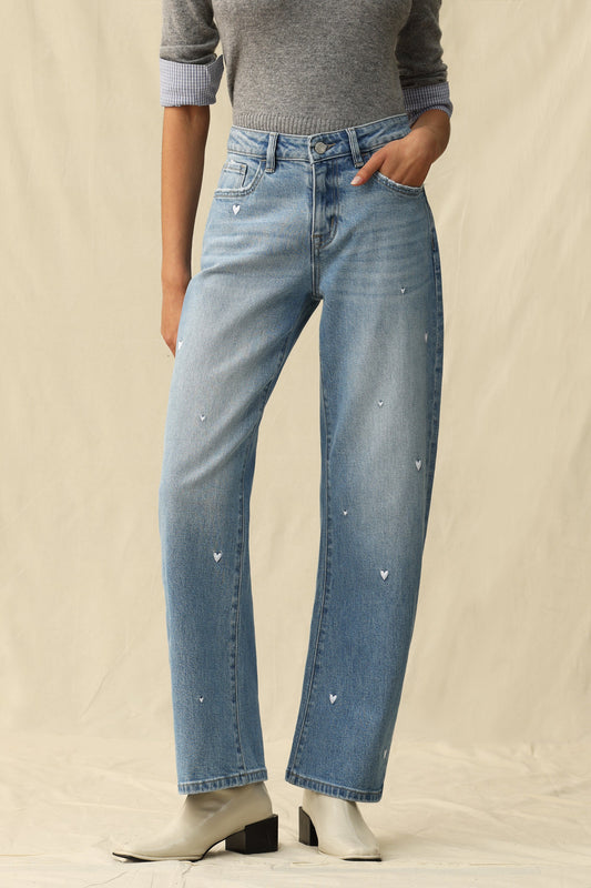 BAYEAS MID-RISE BARREL PANTS HEART DETAILS- DENIM