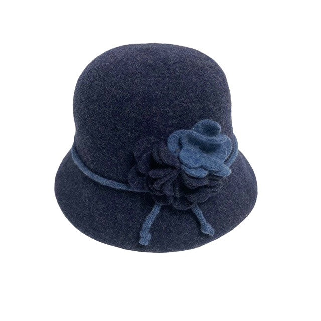 SHIHREEN WOOL CLOCHE HAT WITH FLOWER - DENIM