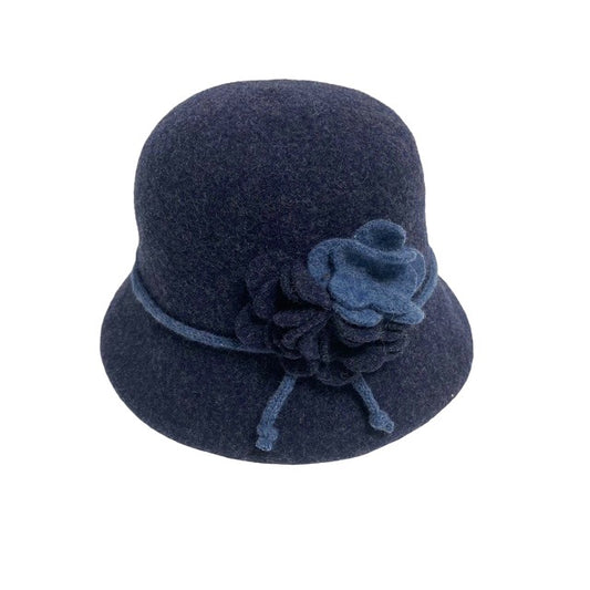 SHIHREEN WOOL CLOCHE HAT WITH FLOWER - DENIM