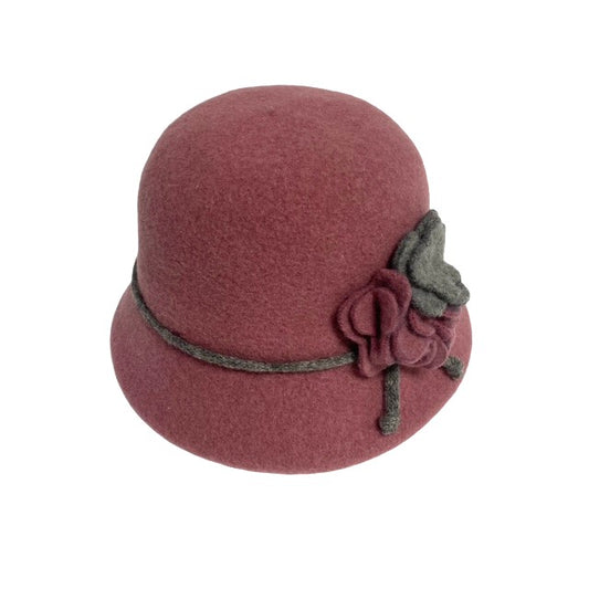 SHIHREEN WOOL CLOCHE HAT WITH FLOWER - PINK