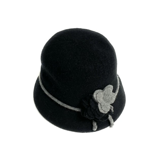 SHIHREEN WOOL CLOCHE HAT WITH FLOWER - BLACK