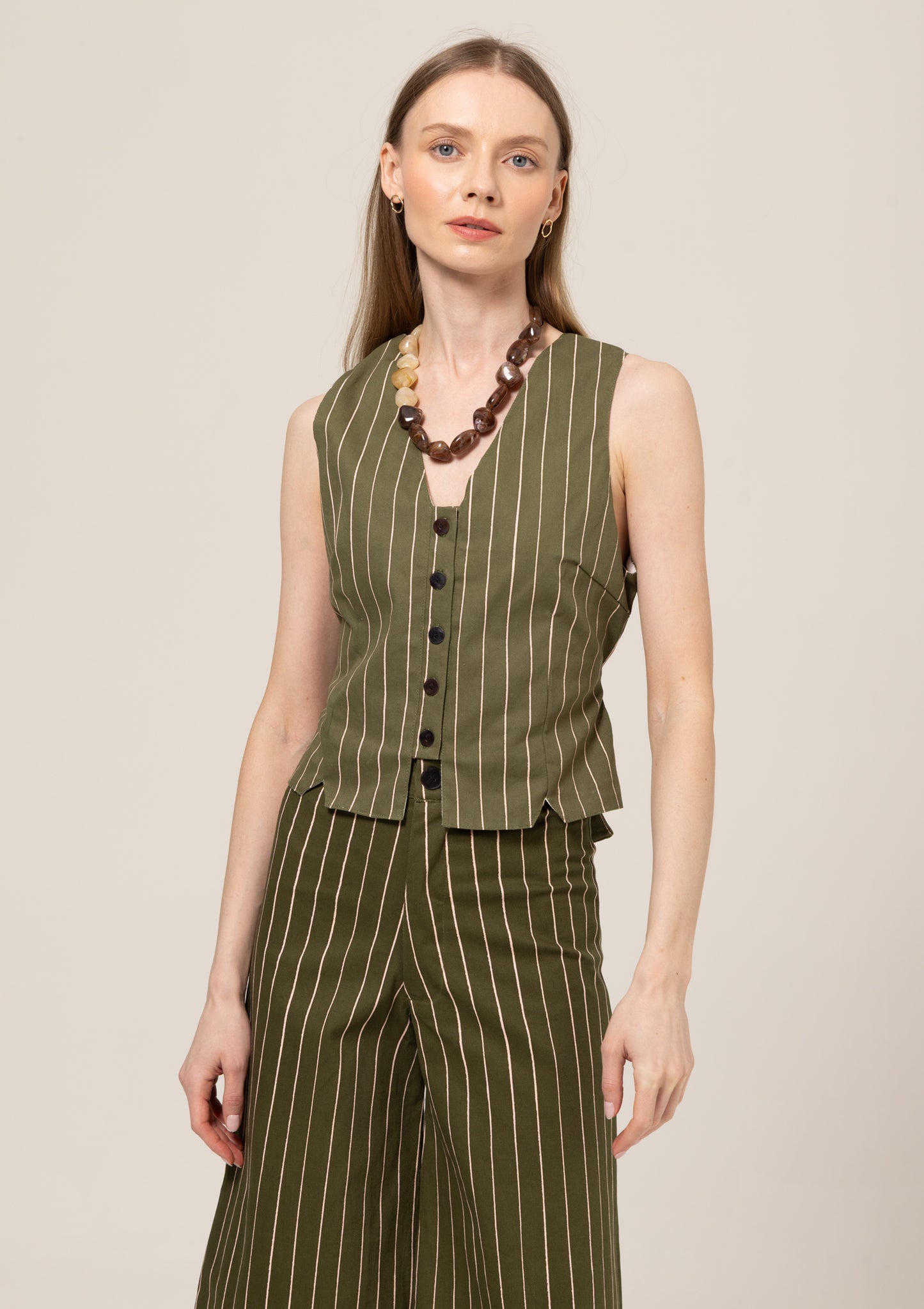 SALE BEL KAZAN JOLENE VEST - SAGE GREEN WITH PINK STRIPE