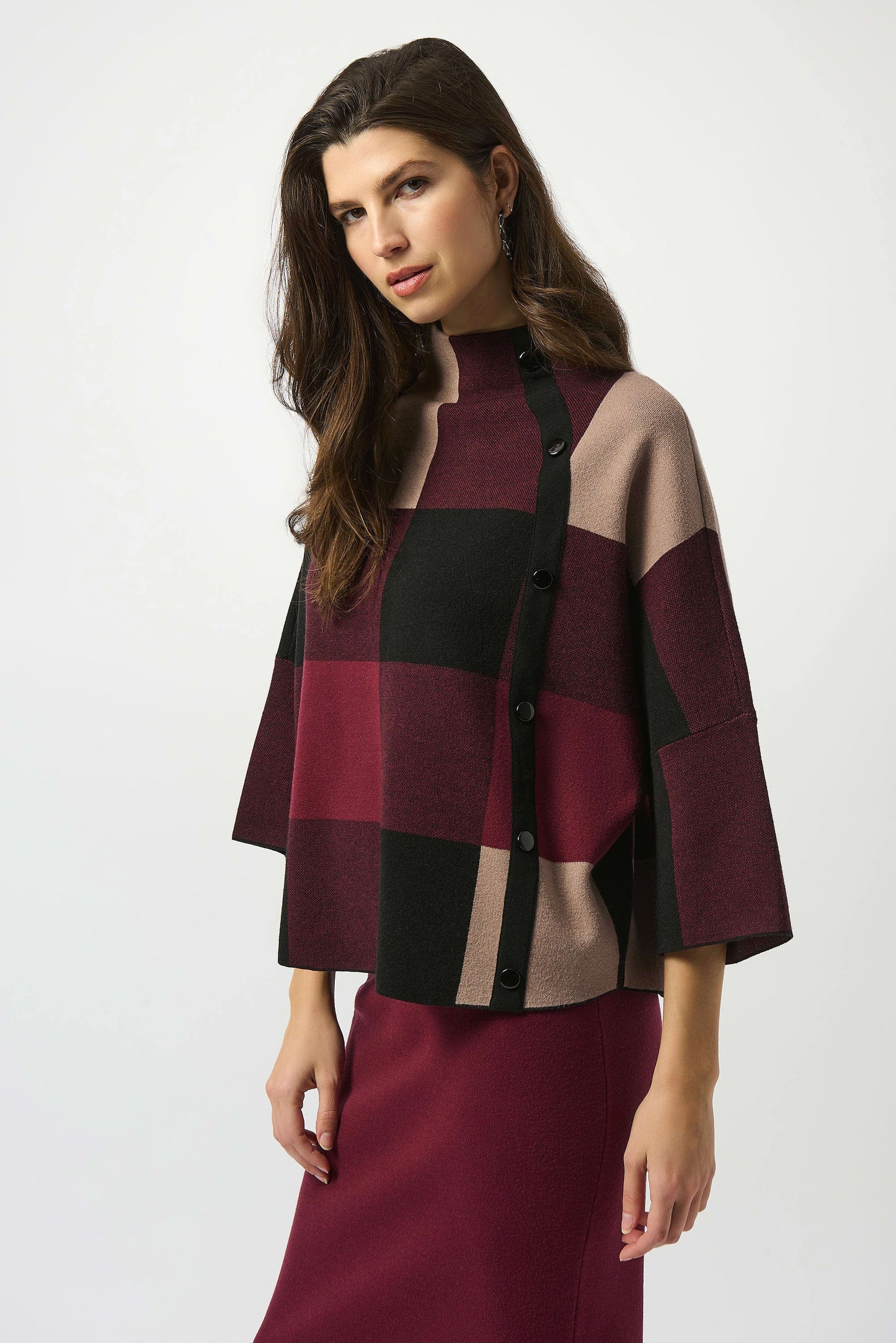 JOSEPH RIBKOFF PLAID JACQUARD SWEATER - WINE MULTI