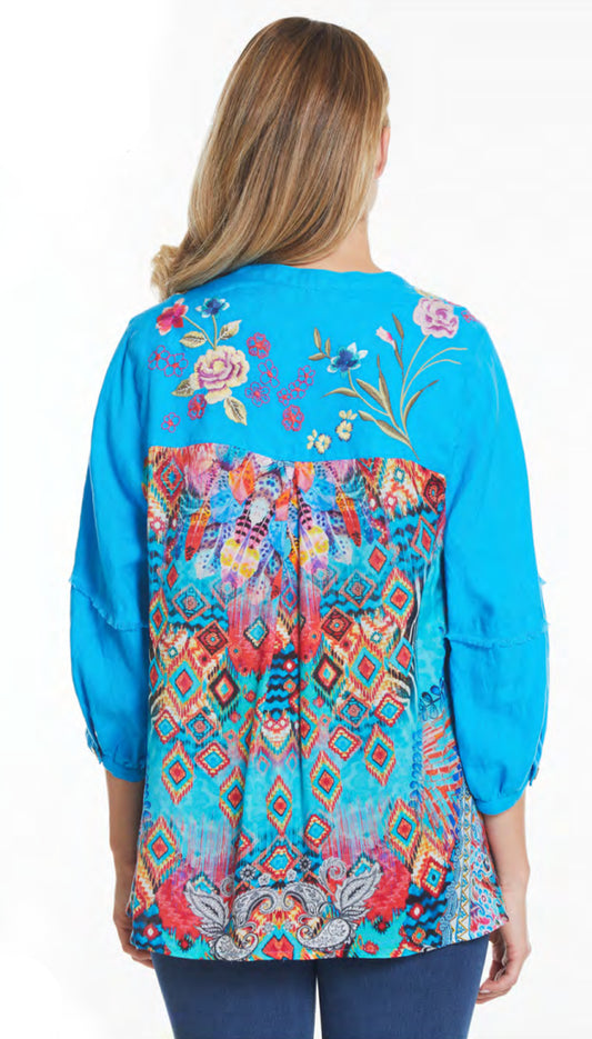 JOHN MARK EMBROIDERED FLORAL TOP - TURQUOISE - J24446BMTURQ