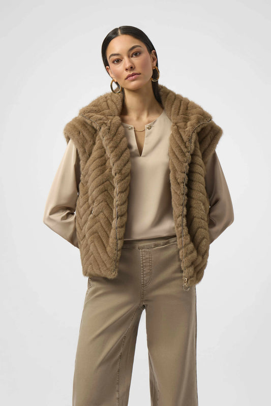 JOSEPH RIBKOFF CHEVRON FAUX FUR VEST - TAN