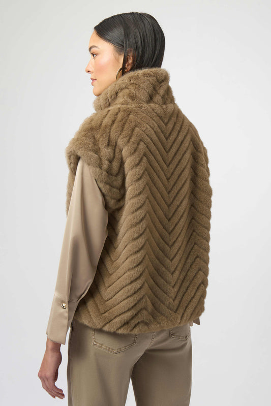 JOSEPH RIBKOFF CHEVRON FAUX FUR VEST - TAN