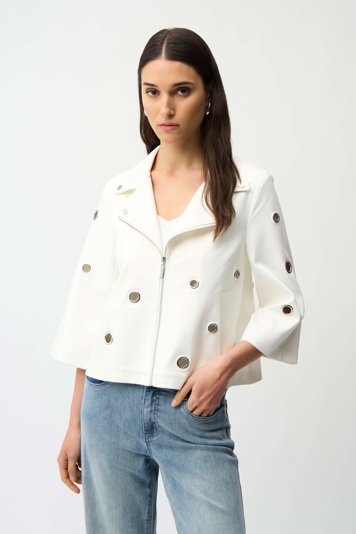 JOSEPH RIBKOFF FOILED FAUX SUEDE SWING JACKET - VANILLA