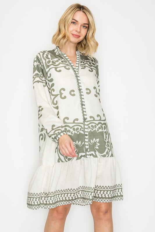 JOH JADIRA DRESS - OLIVE AND WHITE