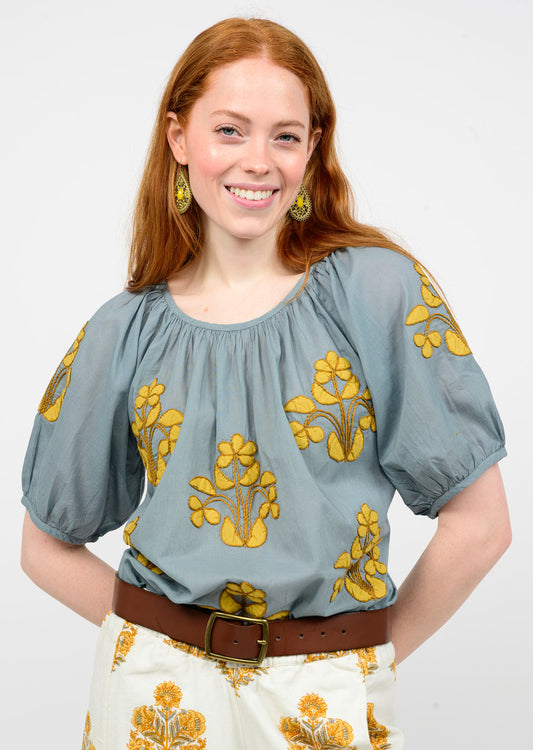 IVY JANE APPLIQUE PEASANT TOP - GREY MULTI