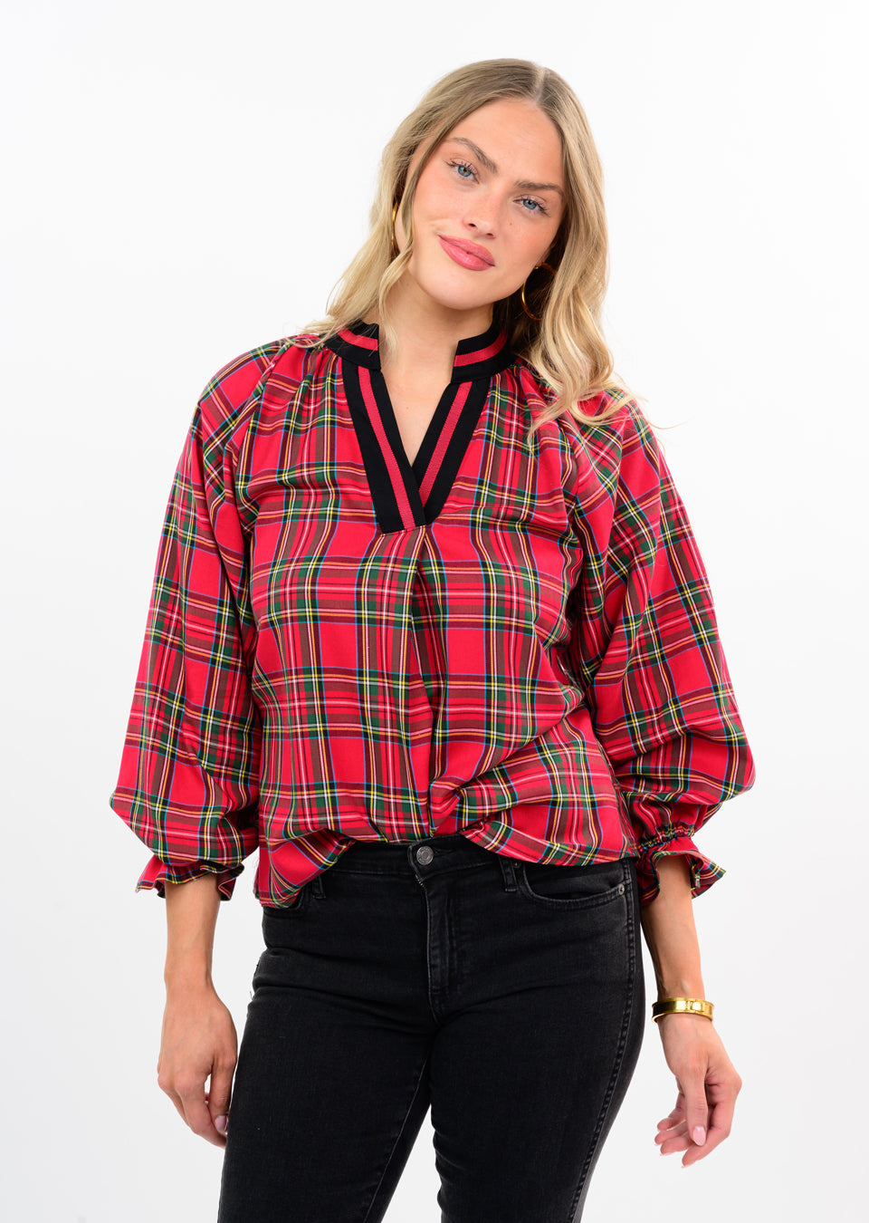 IVY JANE TARTAN PLAID POPOVER - RED MULTI