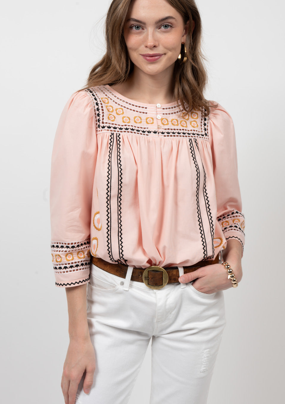 IVY JANE SMOCKED TOP W/ EMBROIDERY - BLUSH - 641405