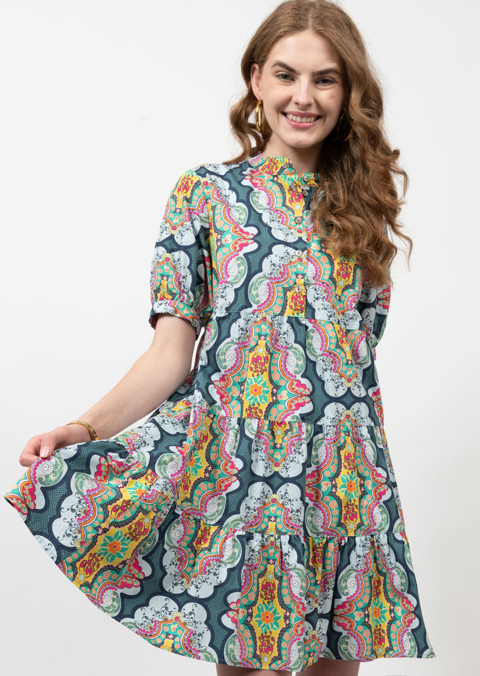 UNCLE FRANK SHORT-SLEEVE TIERED DRESS - NAVY MULTI - 74504
