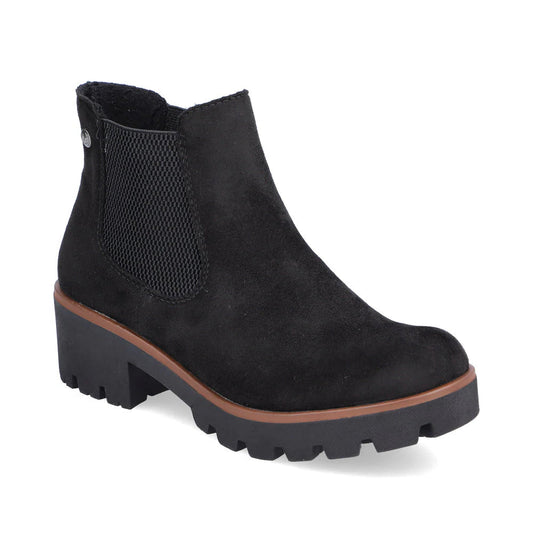 Black suede ankle boot with brown trim on a white background