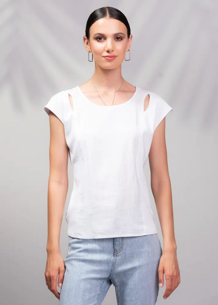 ALISON SHERI CAP-SLEEVE TOP W/ KEYHOLE - WHITE